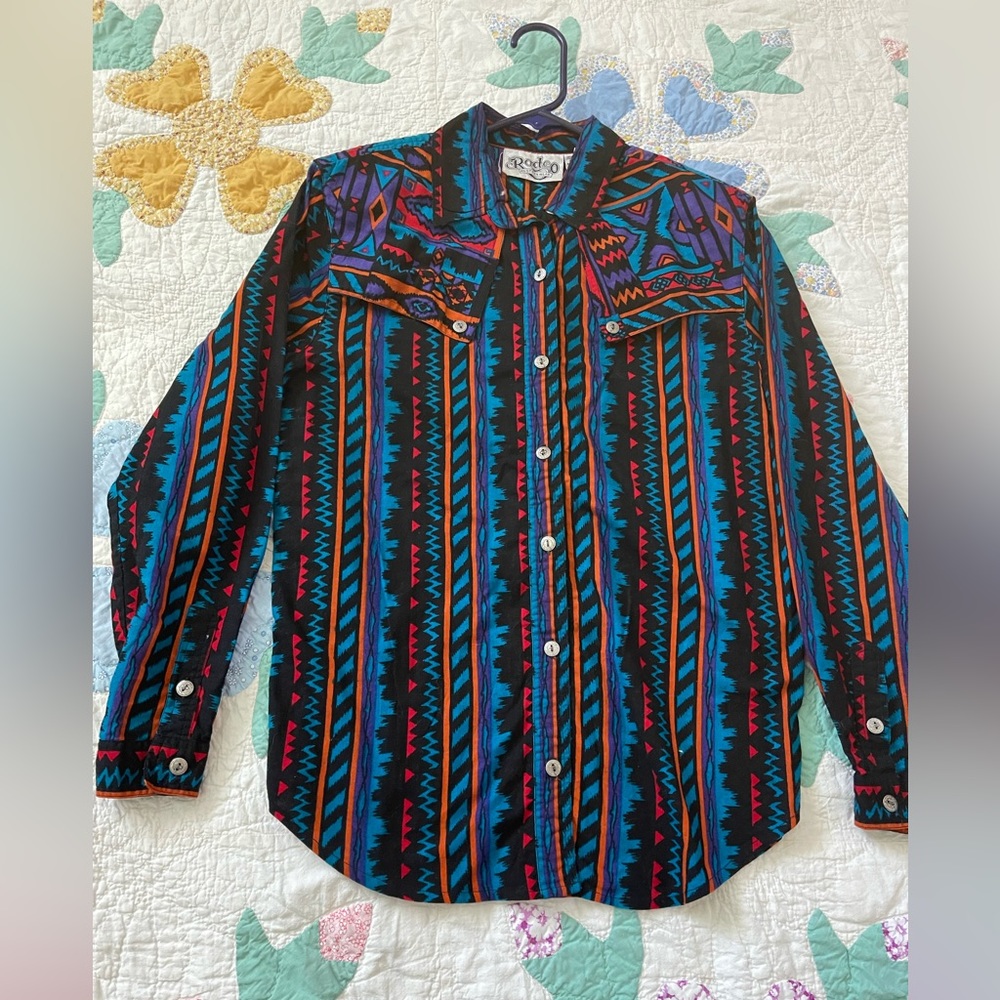 Vintage Rodeo Western Wear colorful Aztec button down shirt